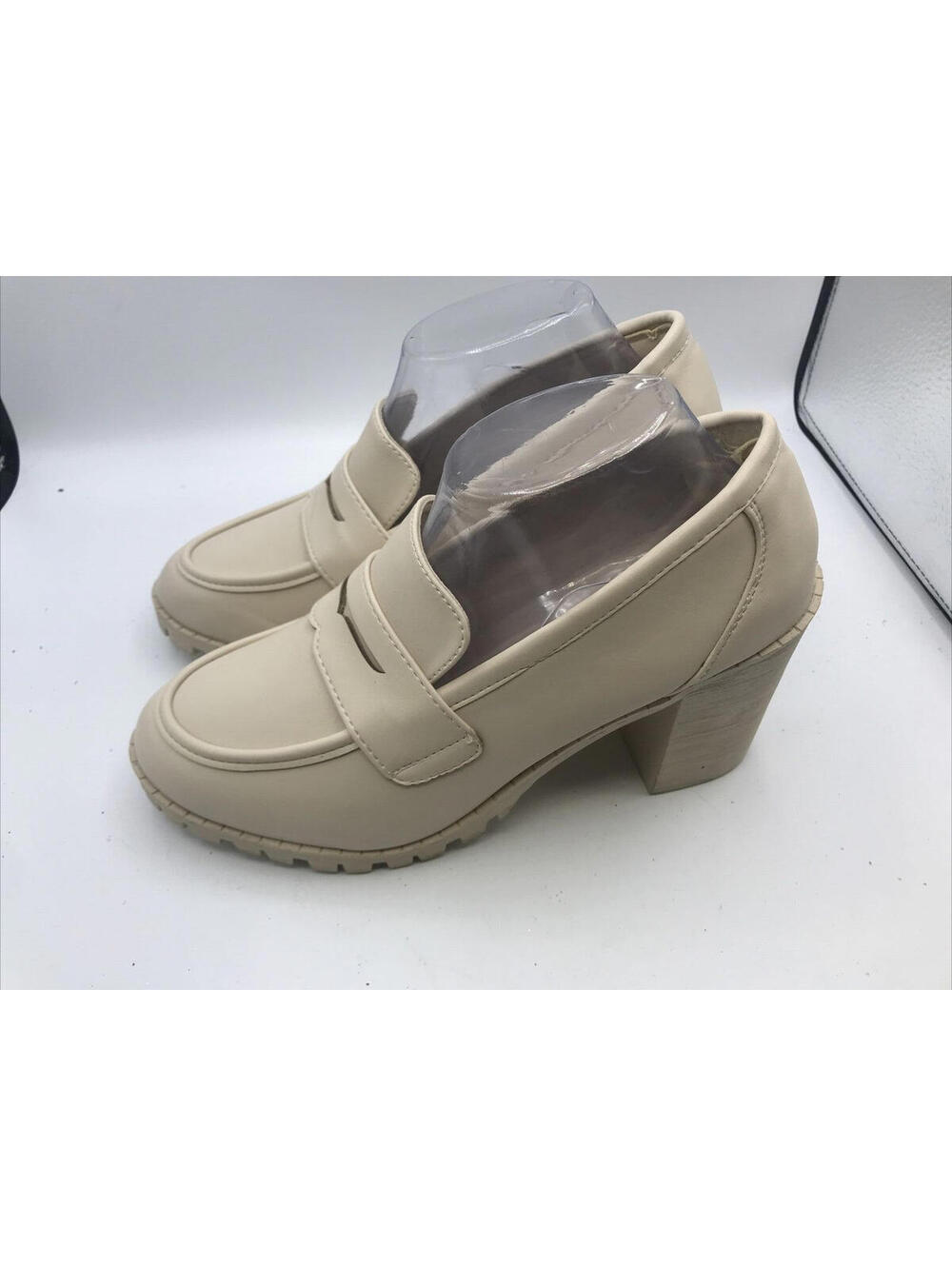 Forever Penny Loafers Women Size 10 Beige Rounded Toe Slip On Chunky Heel - Picture 4 of 12